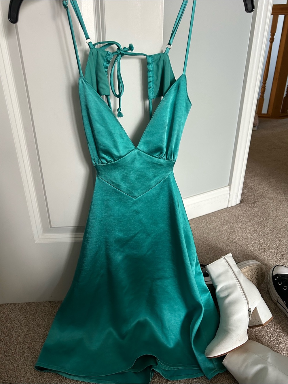 Teal Satin V-Neck Dress